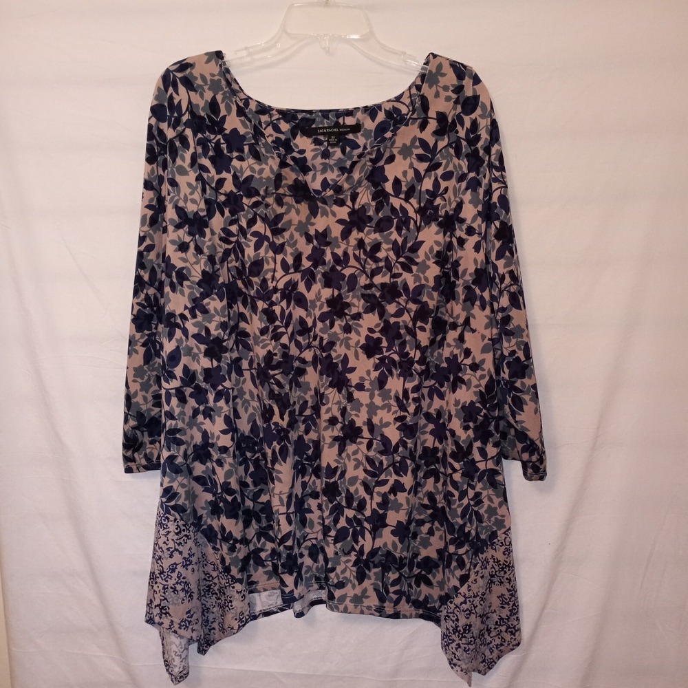 Zac & Rachel Woman 3x Tunic Top Sharkbite Hem Blue/Green Tan Stretch Pullover‎